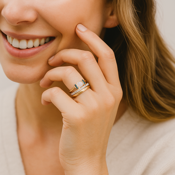 Tereza – Anillo dorado delicado con ópalo brillante y contornos claros.