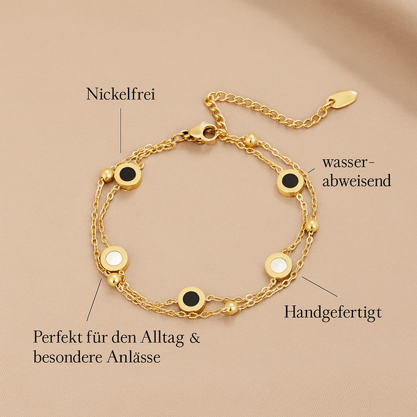 Carla – Pulsera de oro suave con elementos redondos contrastantes.
