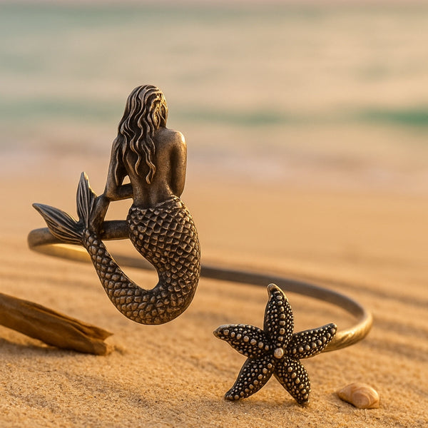 Anillo de Plata Ajustable con Estrella de Mar y Sirena