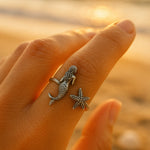 Anillo de Plata Ajustable con Estrella de Mar y Sirena
