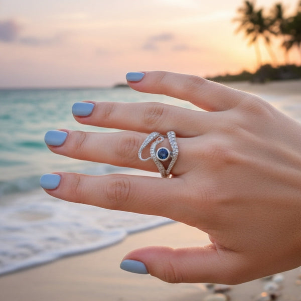 Anillo de Cristal Azul con Tentáculos Ajustables