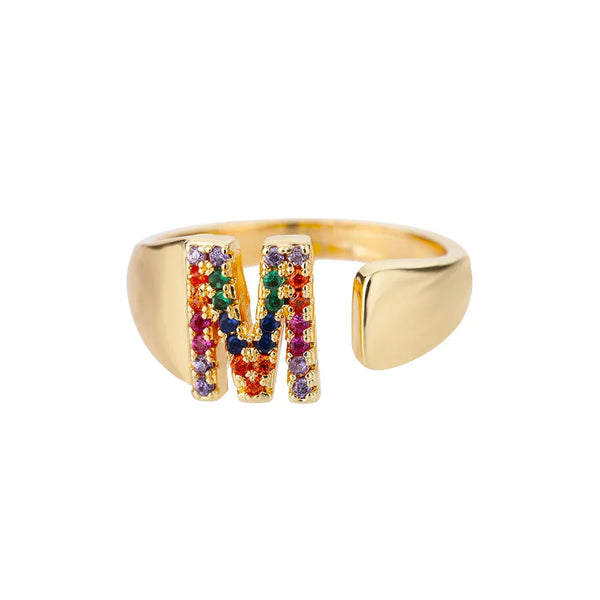 M - Anillo de acero inoxidable dorado con inicial