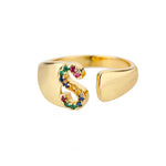 S - Anillo de acero inoxidable dorado con inicial