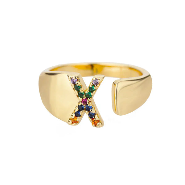 X - Anillo de acero inoxidable dorado con inicial