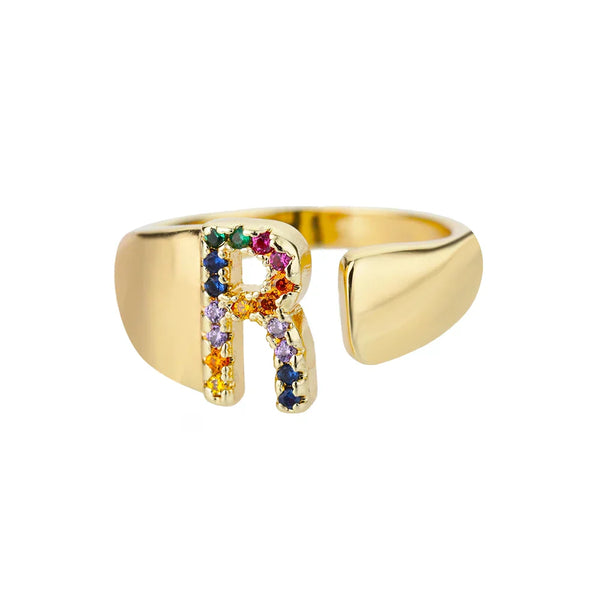R - Anillo de acero inoxidable dorado con inicial