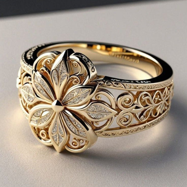 Daniela - Anillo de oro con motivo floral exótico de circonitas