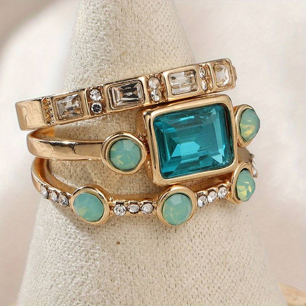 Herta - Conjunto de Anillos Vintage de Cristal Azul