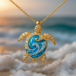 Collar de Tortuga Brillante de Ópalo Azul y Oro