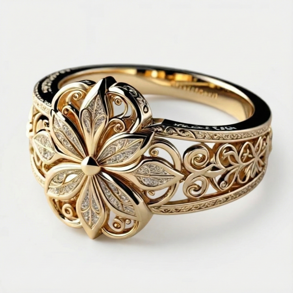 Daniela - Anillo de oro con motivo floral exótico de circonitas