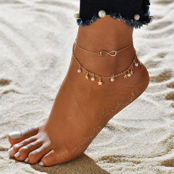 Pulsera Tobillera Infinita + Perlas y Estrellas